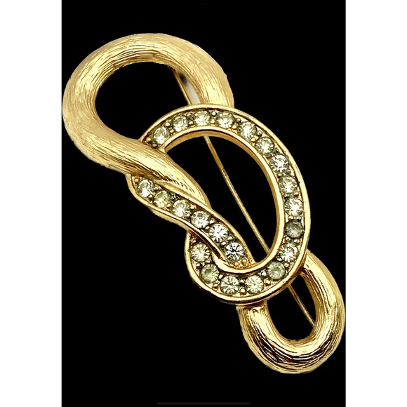 Large Vintage Brushed Gold Pin with inset rhinestones - Picture 1 of 5